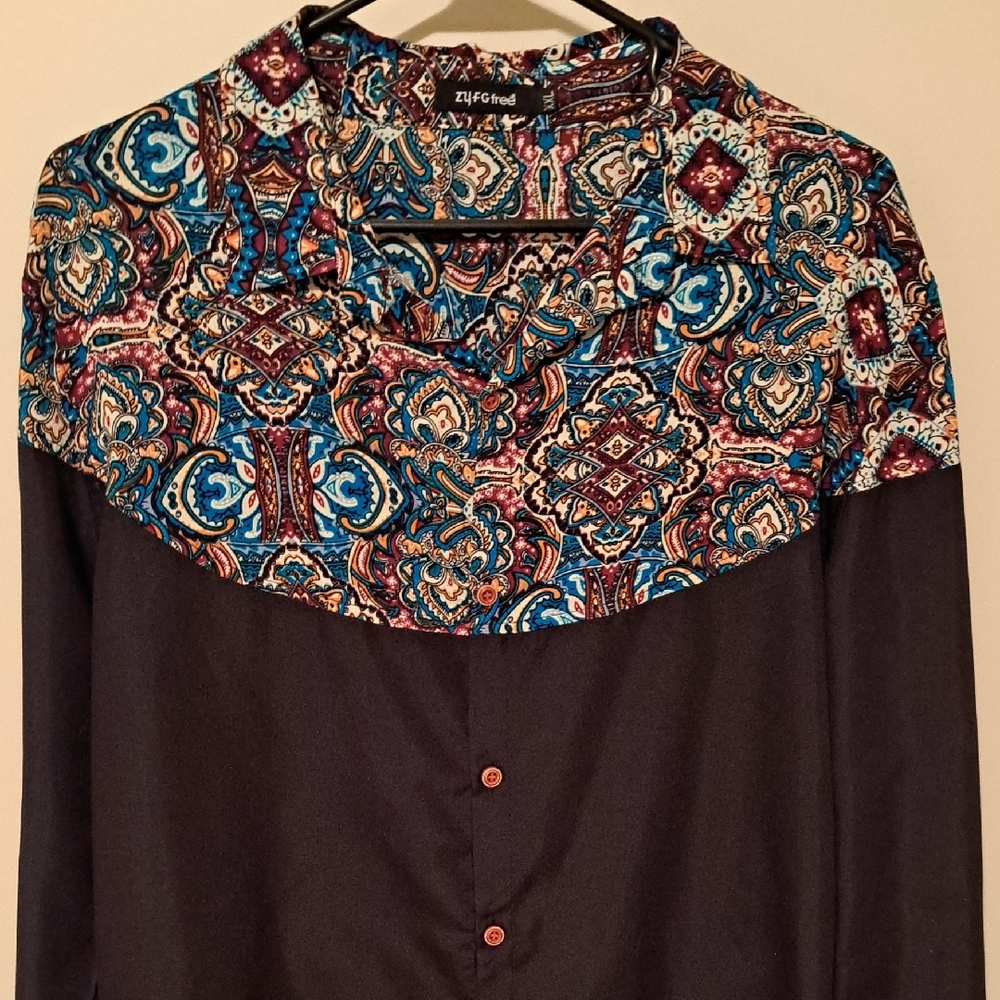 Colorful Patterned Blouse with Black Base.  Size Medium.
